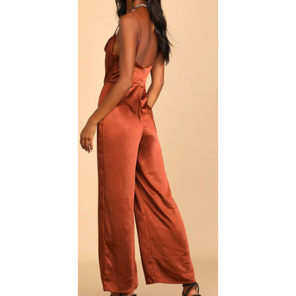 LUSH XS Perfect Night Brown Satin Cowl Neck Culotte Jumpsuit NEW b122 - Picture 2 of 13